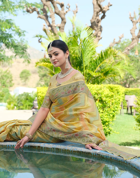 Yellow Organza Woven Banarasi Saree