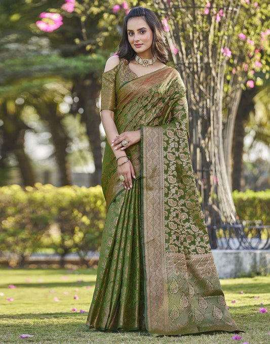 Green Organza Plain Banarasi Saree
