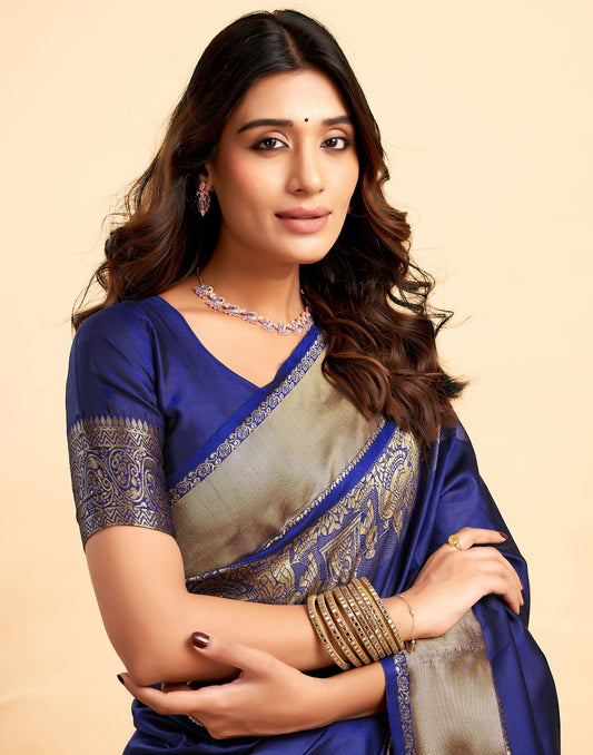Navy Blue Silk Woven Kanjivaram Saree