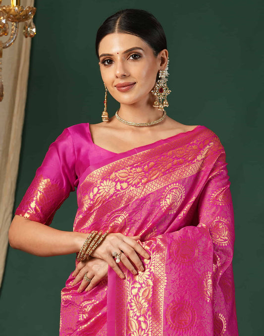 Magenta Silk Blend Woven Banarasi Saree