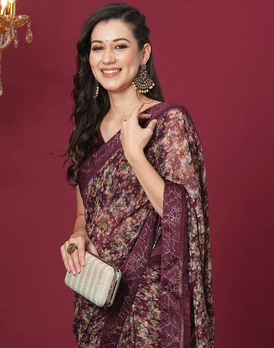 Maroon Georgette Floral Printed Saree