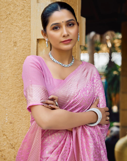 Pink Silk Blend Woven Banarasi Saree