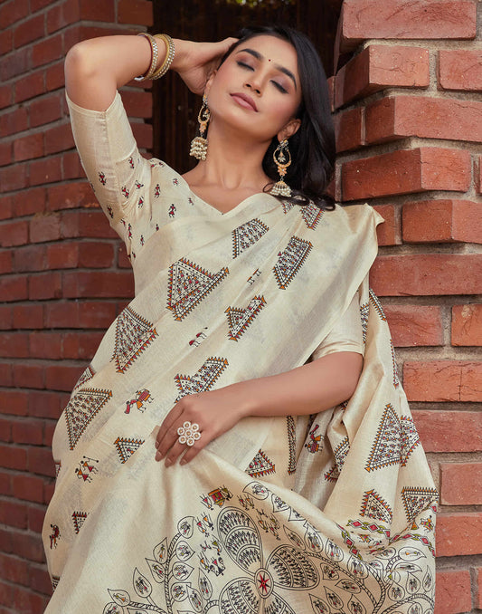 Beige Cotton Blend Warli Printed Saree