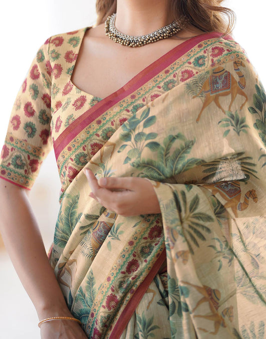 Beige Linen Printed Saree