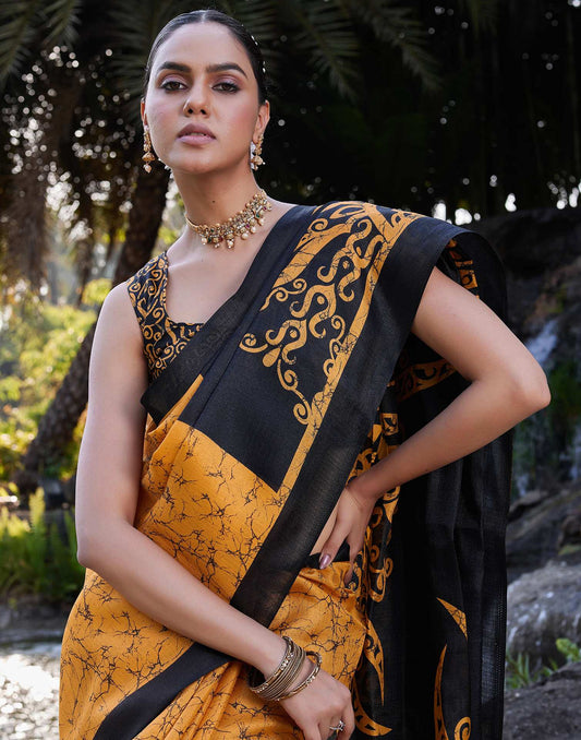 Yellow Cotton Printed Saree