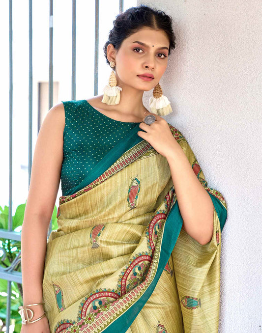 Beige Cotton Blend Madhubani Printed Saree