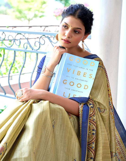 Beige Cotton Blend Madhubani Printed Saree