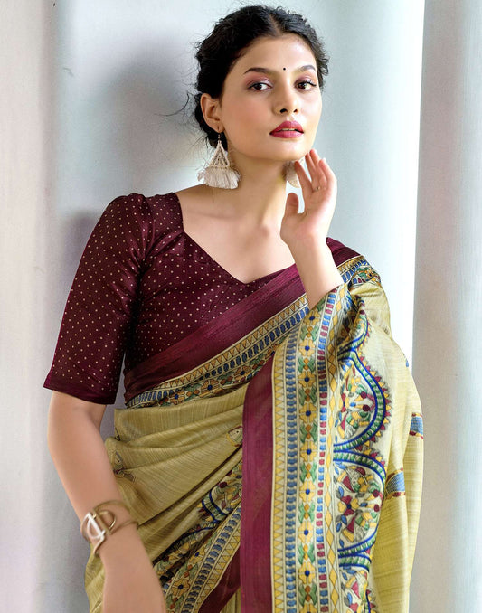 Beige Cotton Blend Madhubani Printed Saree