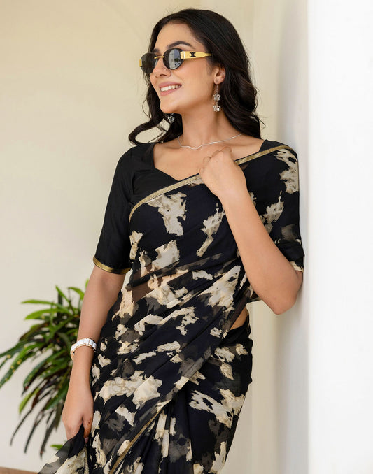 Black Chiffon Printed Saree