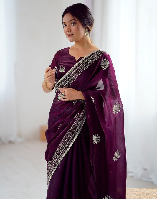 Wine Tissue Silk Embroidery Saree
