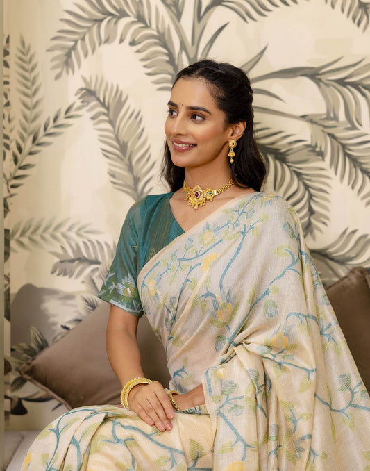 Beige Cotton Woven Saree