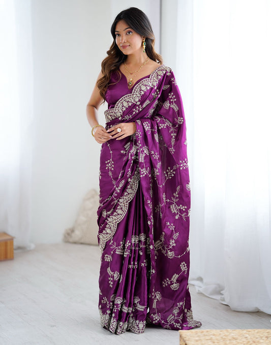 Dark Purple Satin Sequence Embroidery Saree
