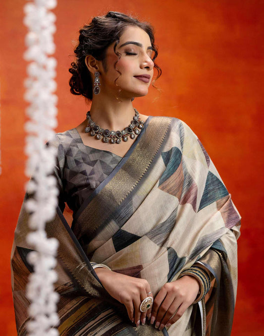 Beige Cotton Printed Woven Saree