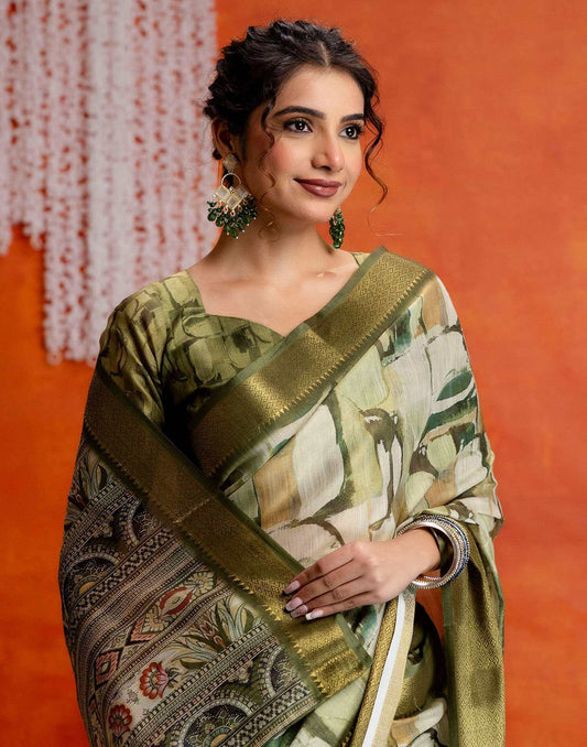 Beige Cotton Printed Woven Saree