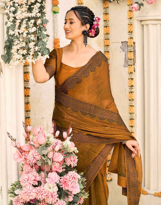 Brown Shimmer Stone Work Swarovski Saree