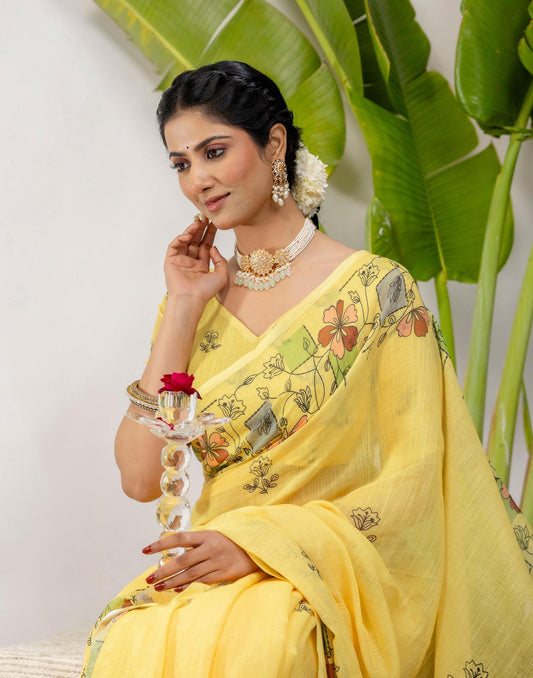 Yellow Cotton Printed Saree