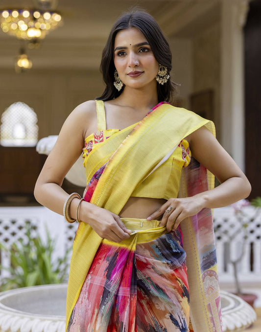 Ready To Wear Multicoloured Dola Silk Printed Saree
