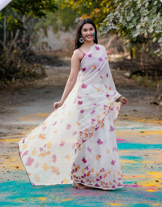 White Linen Printed Saree