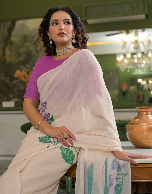 Beige Linen Floral Printed Saree