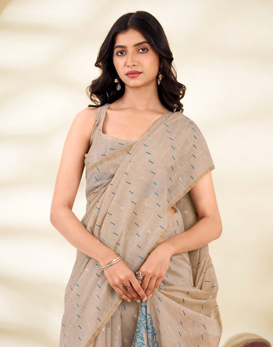 Beige Cotton Woven Printed Saree