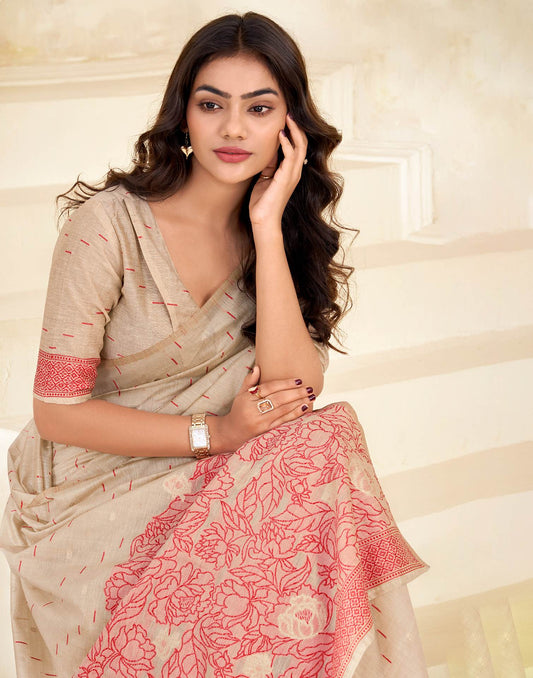 Beige Cotton Woven Printed Saree