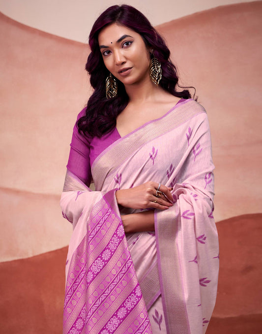 Baby Pink Cotton Woven Printed Saree