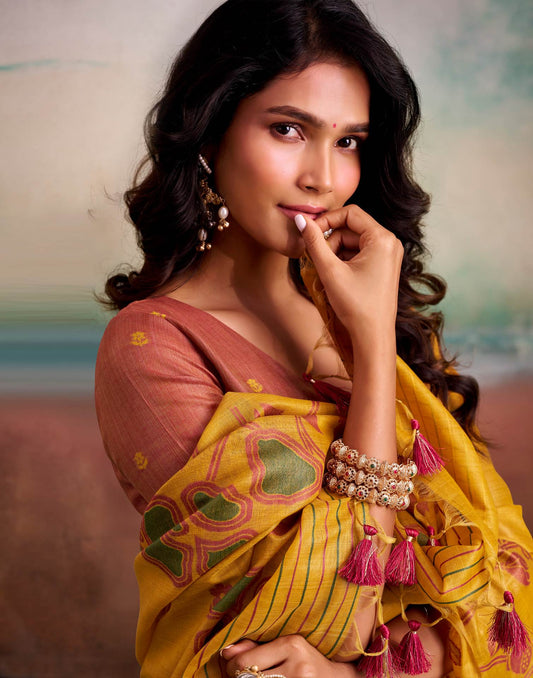 Yellow Silk Printed Saree