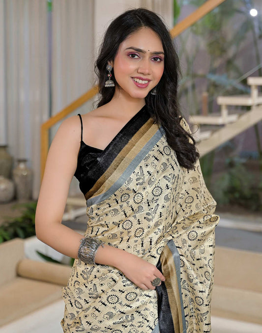 Beige Khadi Printed Saree