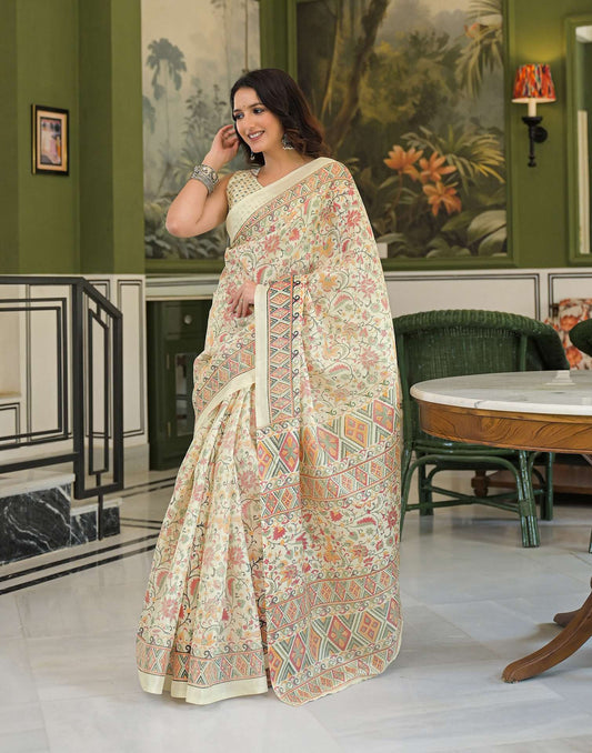 Beige Khadi Printed Saree