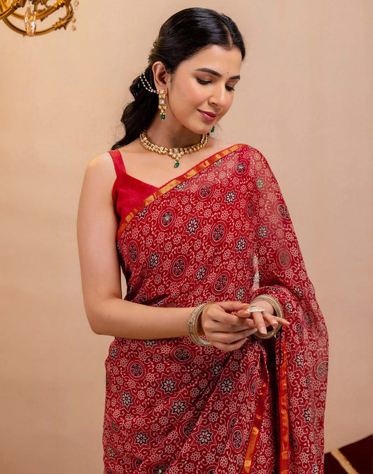 Red Chiffon Printed Saree
