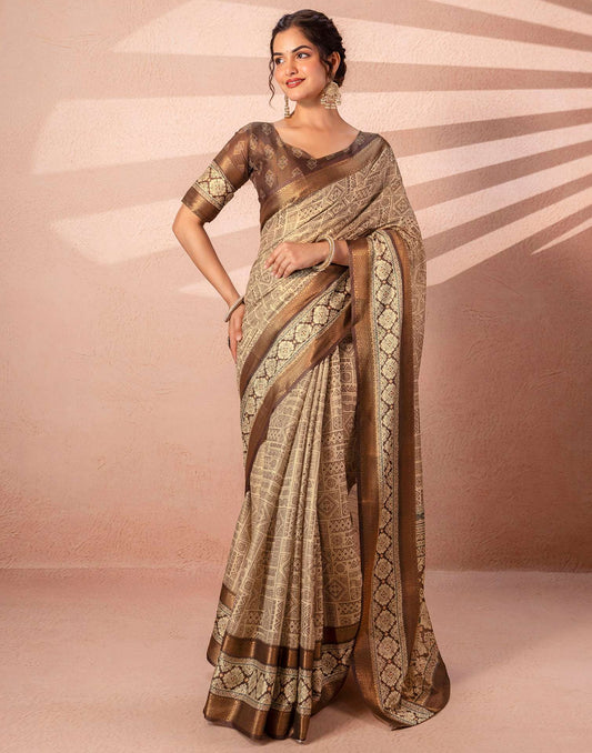 Beige Cotton Silk Printed Woven Border Saree