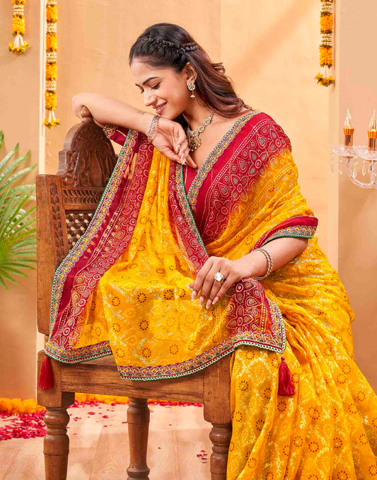 Yellow Georgette Foil Printed Bandhani Saree