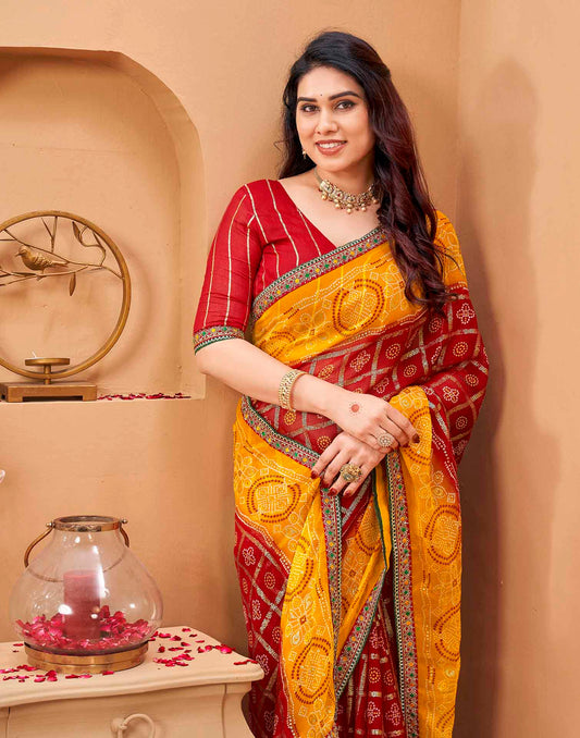 Red Georgette Foil Printed Bandhani Saree