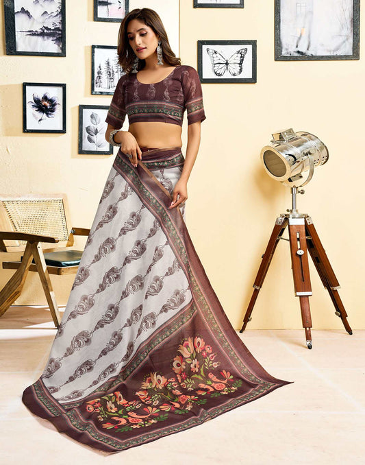 Ready To Wear Off White Chanderi Cotton Printed Saree