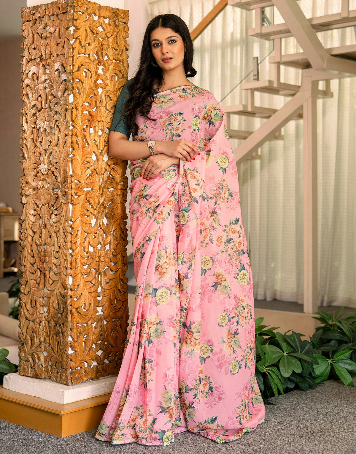 Ready To Wear Multicoloured Georgette Floral Printed Saree