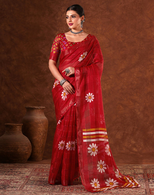 Red Silk Floral Printed Saree