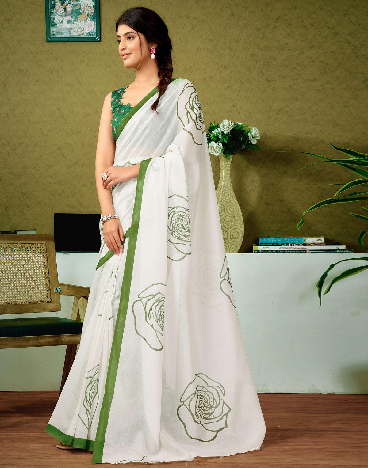 Ready To Wear Off White Cotton Printed Saree