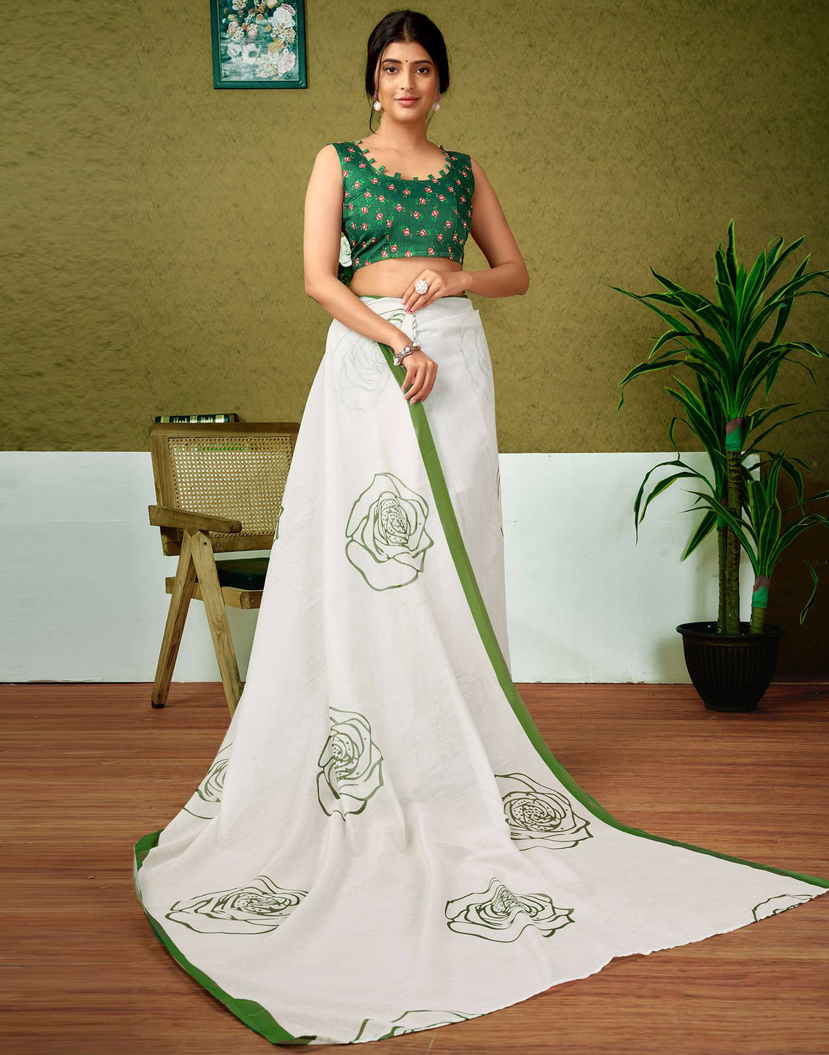 Ready To Wear Off White Cotton Printed Saree