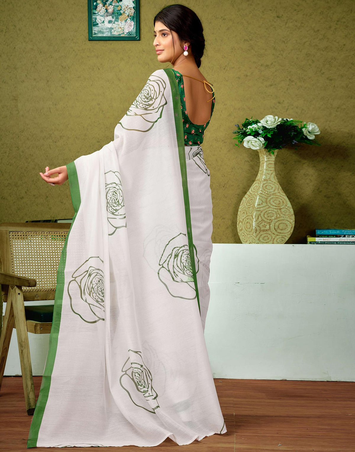 Ready To Wear Off White Cotton Printed Saree