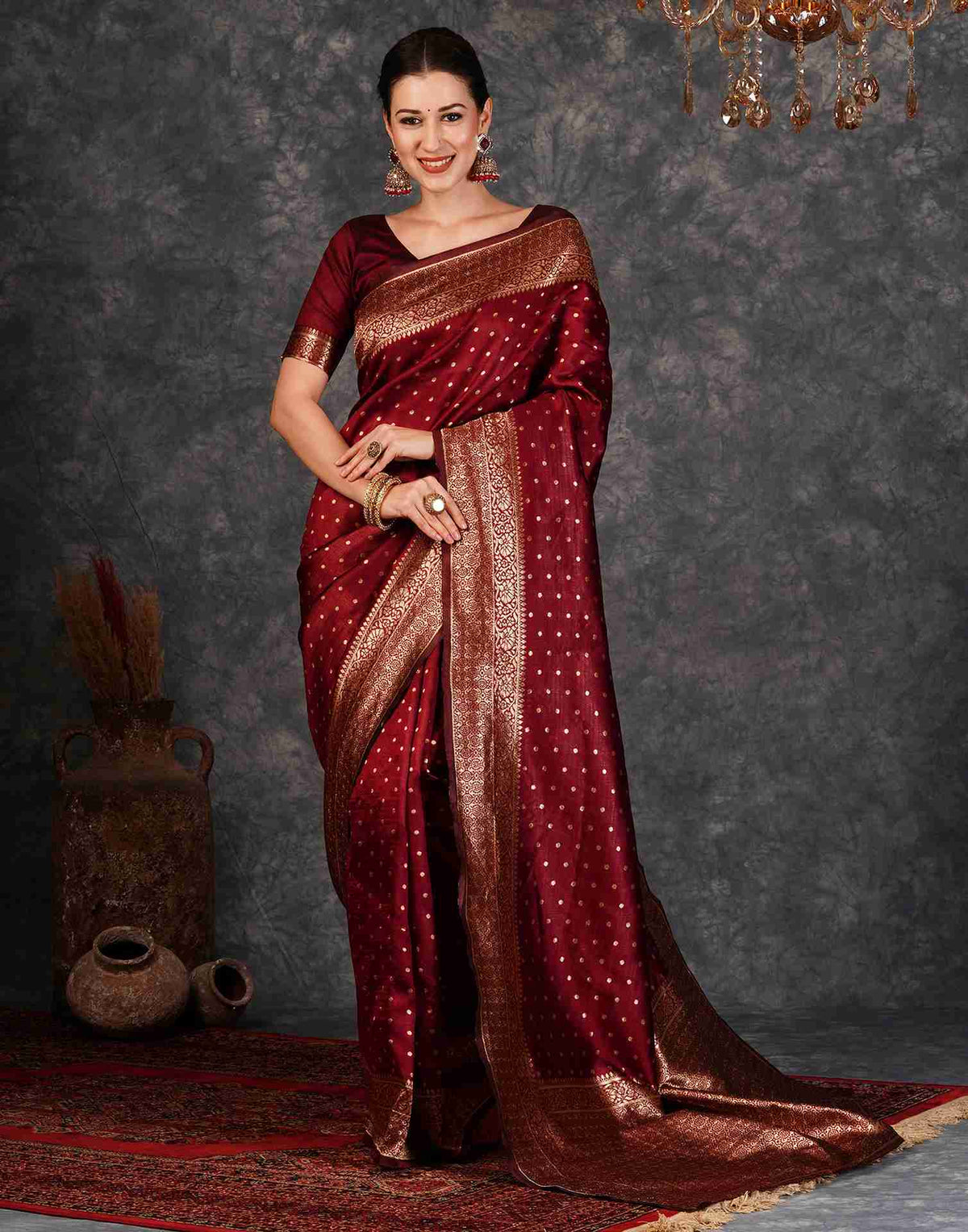 Maroon Silk Woven Banarasi Saree