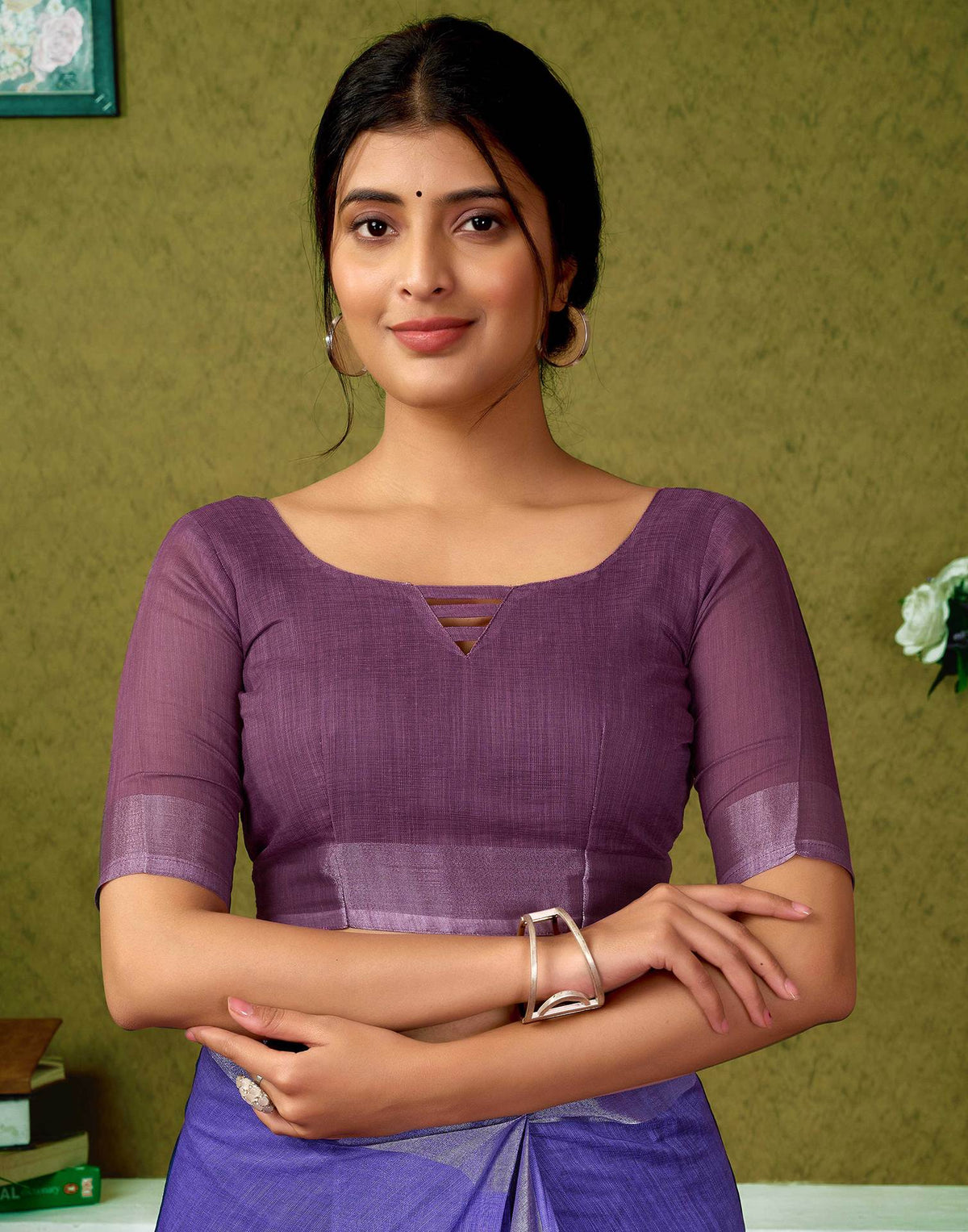 Ready To Wear Purple Linen Floral Printed Saree