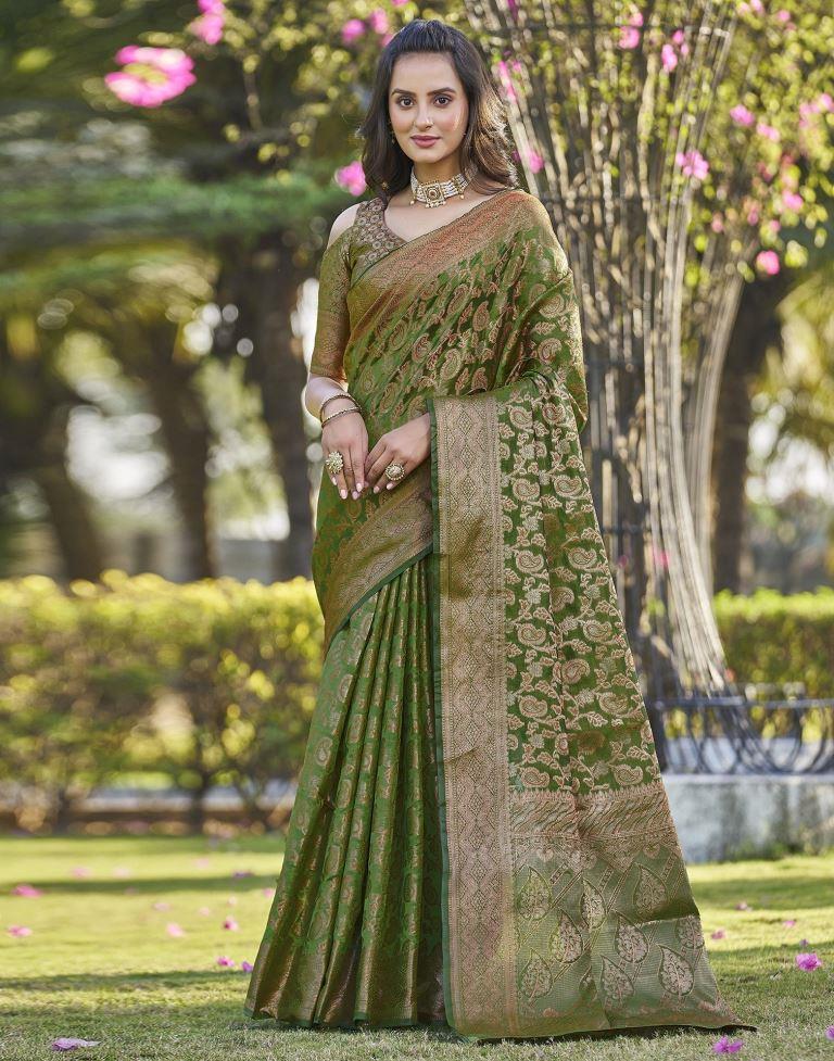 Green Organza Plain Banarasi Saree
