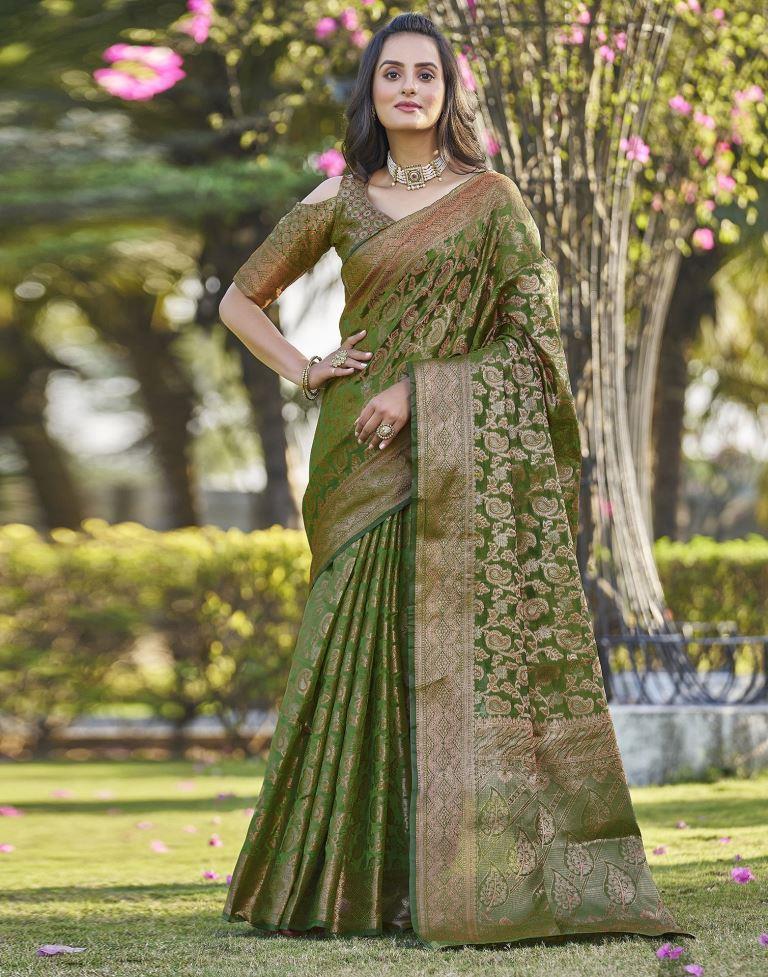Green Organza Plain Banarasi Saree