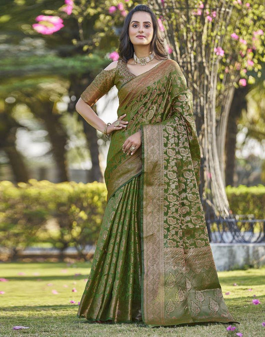 Green Organza Plain Banarasi Saree
