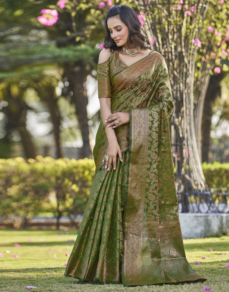 Green Organza Plain Banarasi Saree