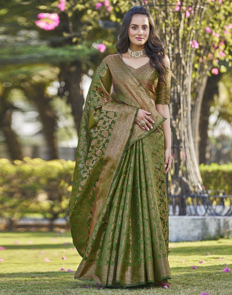 Green Organza Plain Banarasi Saree