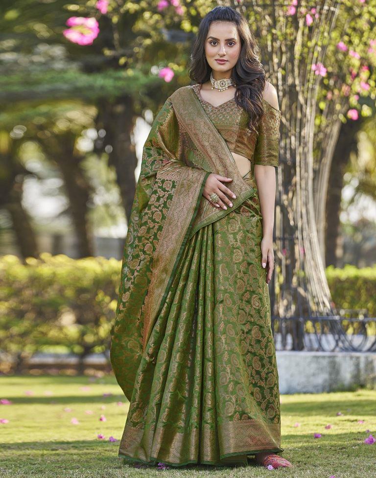Green Organza Plain Banarasi Saree