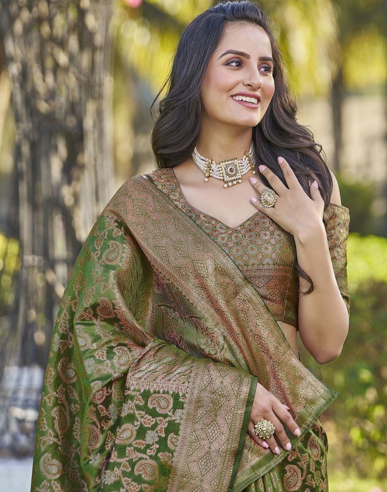 Green Organza Plain Banarasi Saree