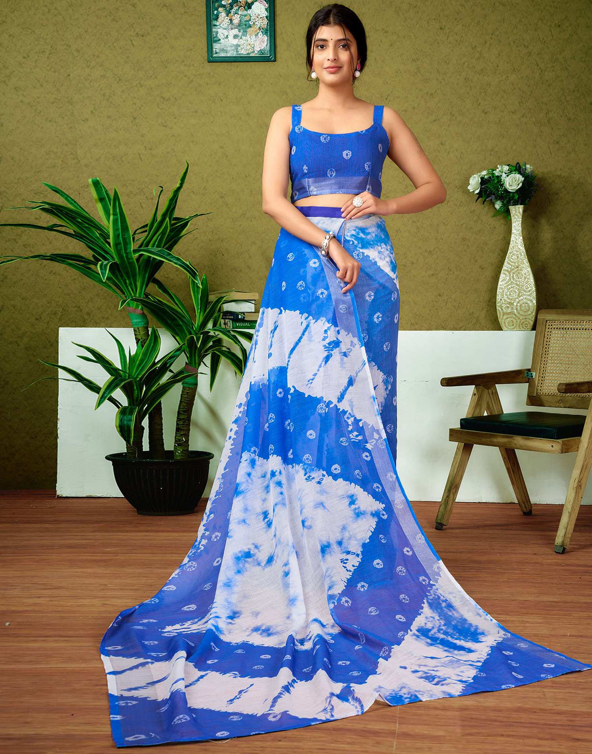 Ready To Wear Dark Blue Linen Dyed Printed Saree