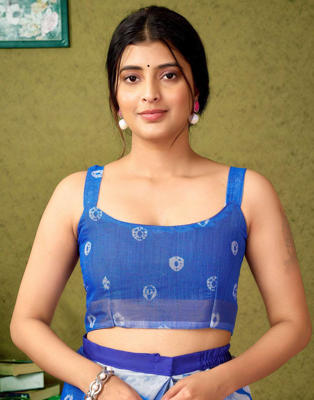 Ready To Wear Dark Blue Linen Dyed Printed Saree